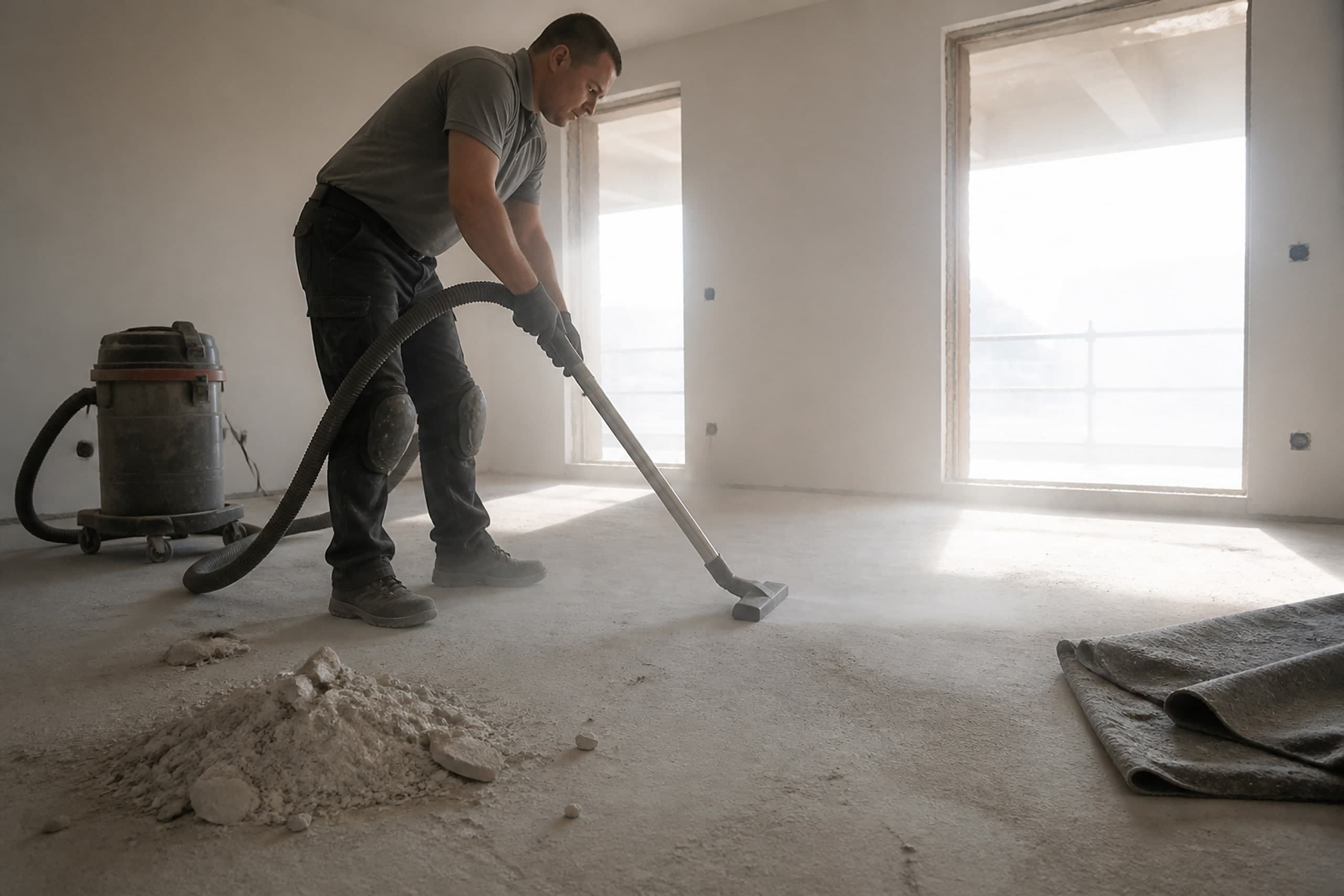Bauarbeiter saugt Feinstaub vom Rohboden einer neu gebauten Wohnung